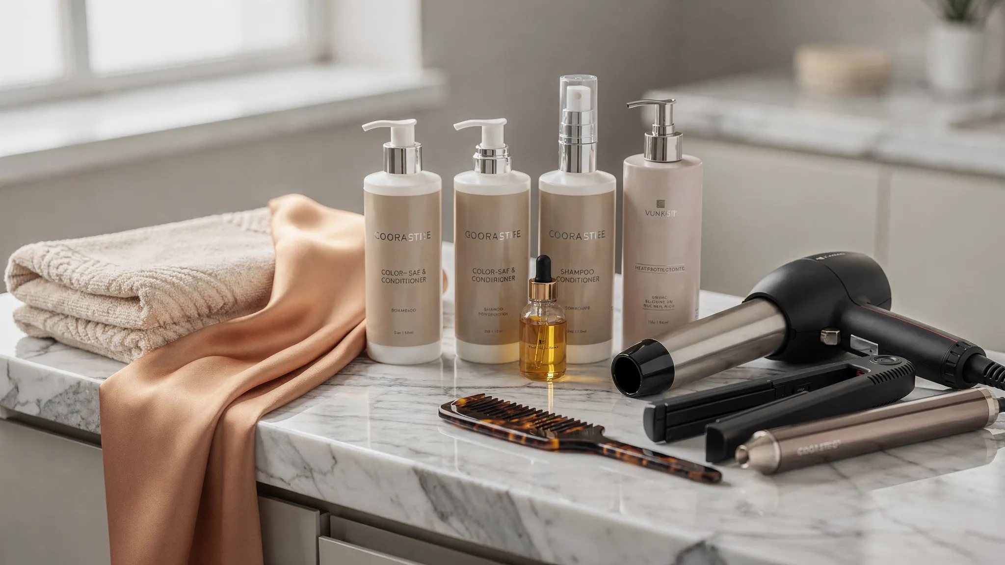 A polished vanity with luxury hair care essentials including a satin scarf, wide-tooth comb, color-safe shampoo, conditioner, heat protectant, hair oil, and a soft towel beside freshly styled hair tools.
