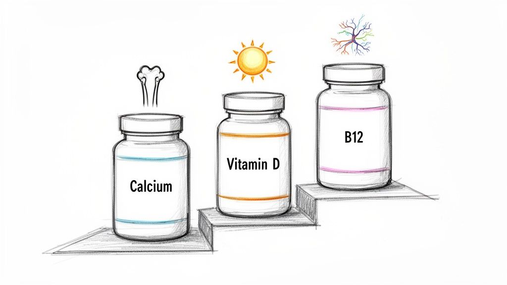 A sketch showing three supplement bottles: Calcium with bones, Vitamin D with sun, and B12 with a neuron.