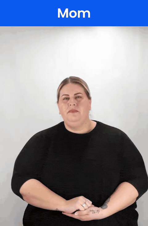 Animated GIF: a Deaf signer signs MOM in ASL, the thumb of an open hand touching the chin.