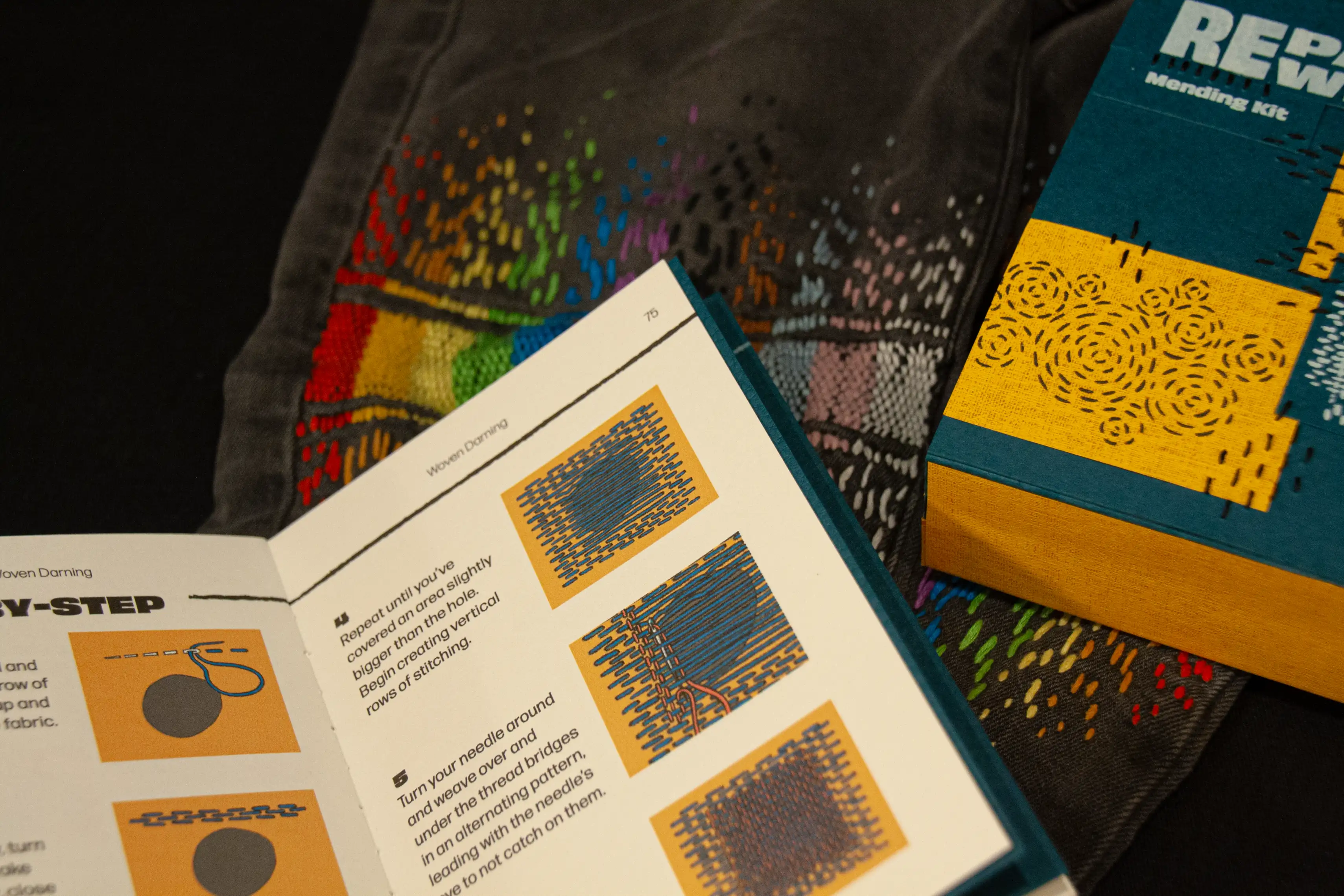 Open guide book showing step-by-step illustrations on top of jeans