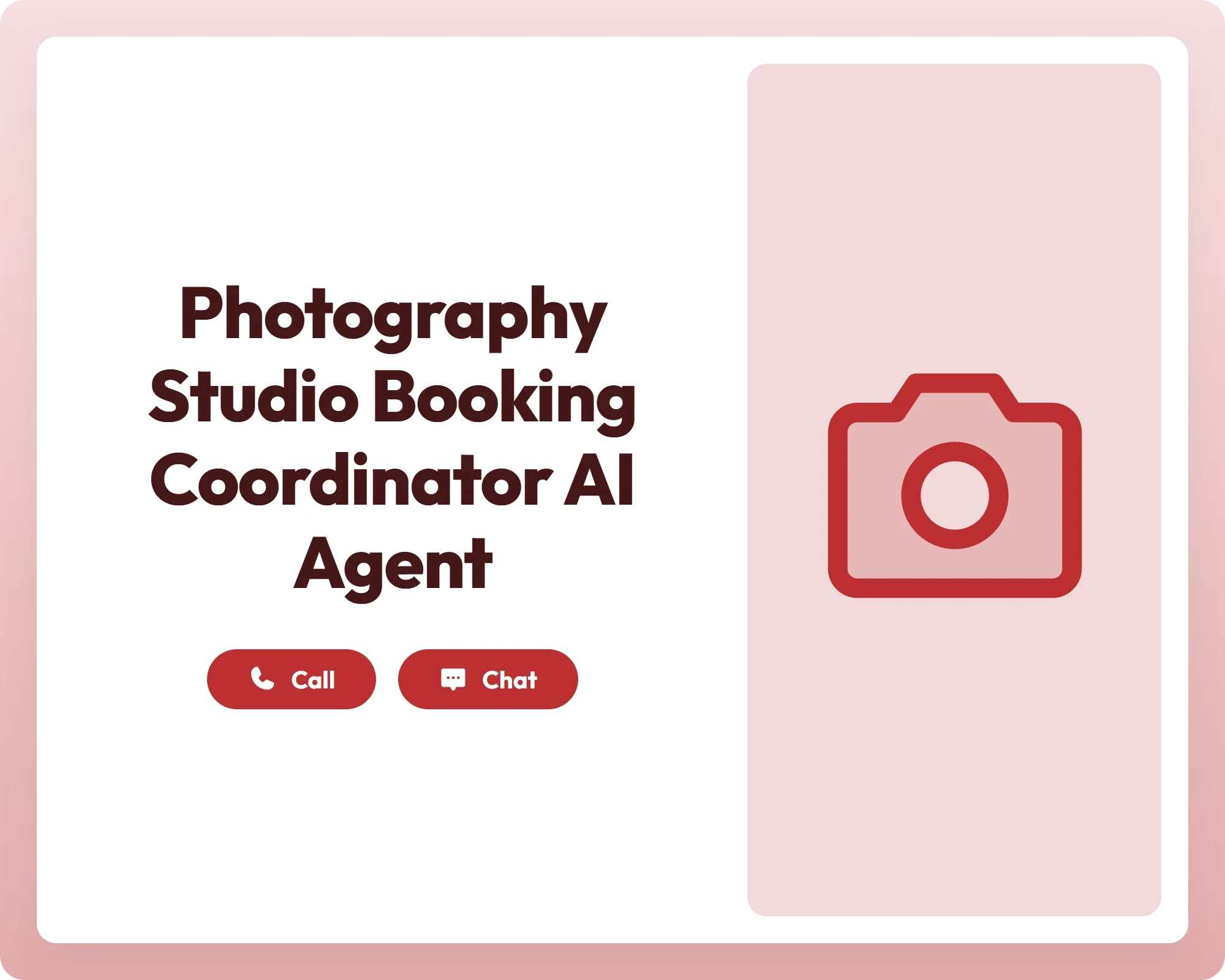 photography studio booking coordinator ai agent offers call and chat support with a camera icon