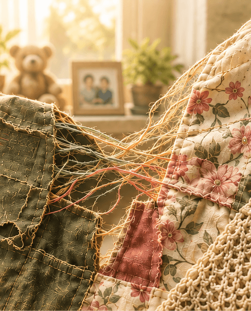 A quilt made up of military and civilian fabrics.