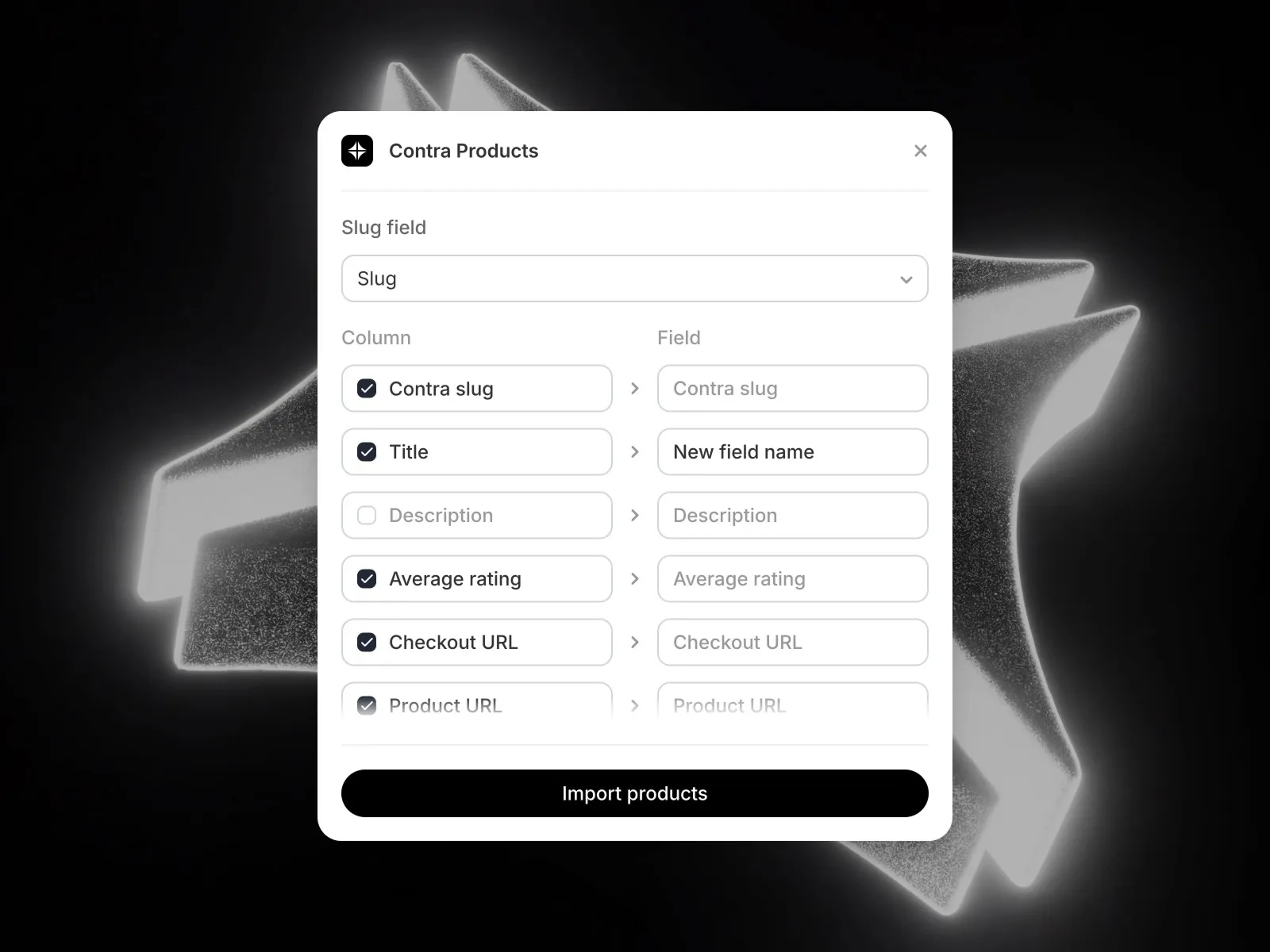 Product import interface with field mapping options and a glowing background.