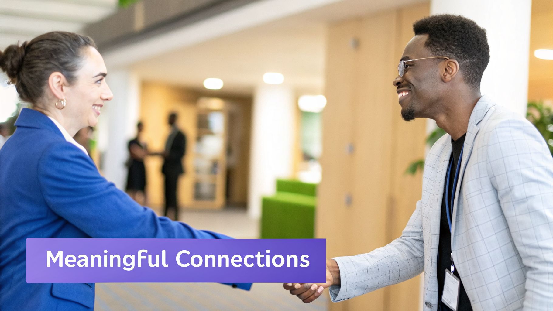 A smiling woman and man shaking hands at an event, with 'Meaningful Connections' text.