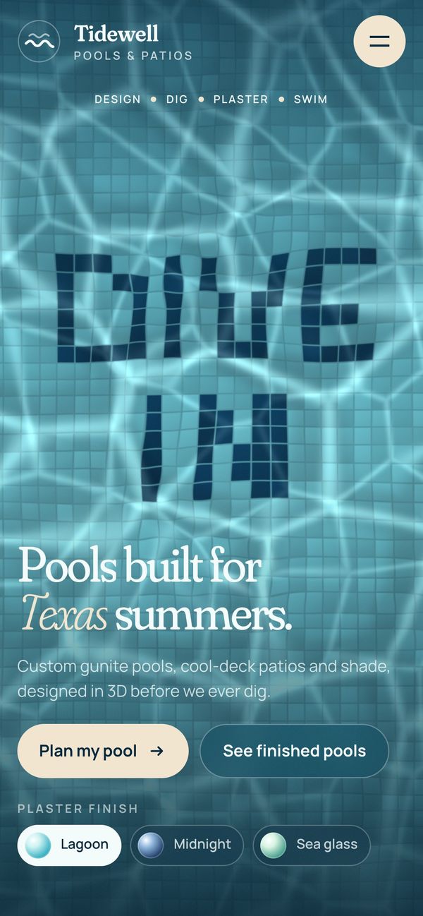 Tidewell Pools landing page on a phone