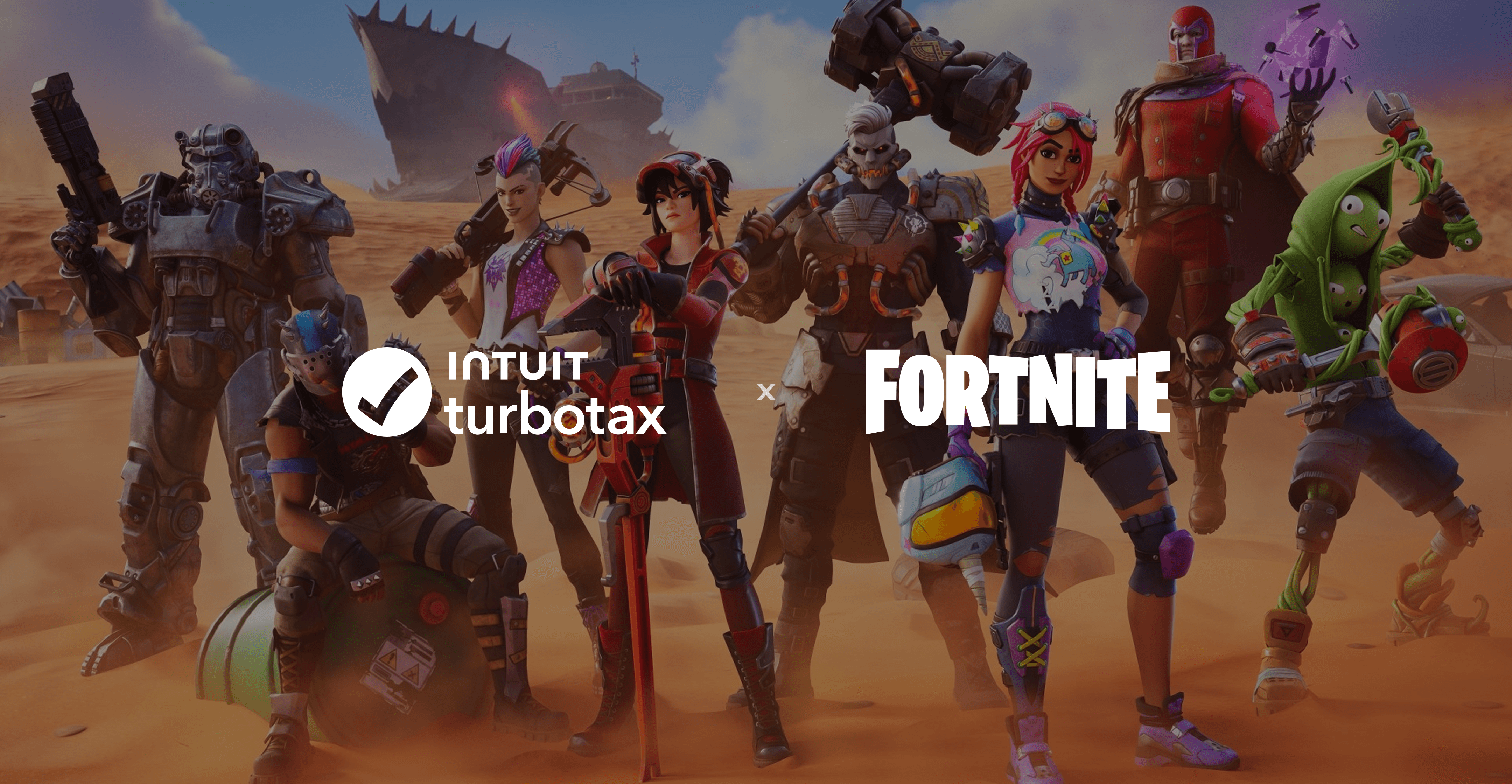 Intuit TurboTax x Fortnite collaboration featuring diverse characters in a desert setting.