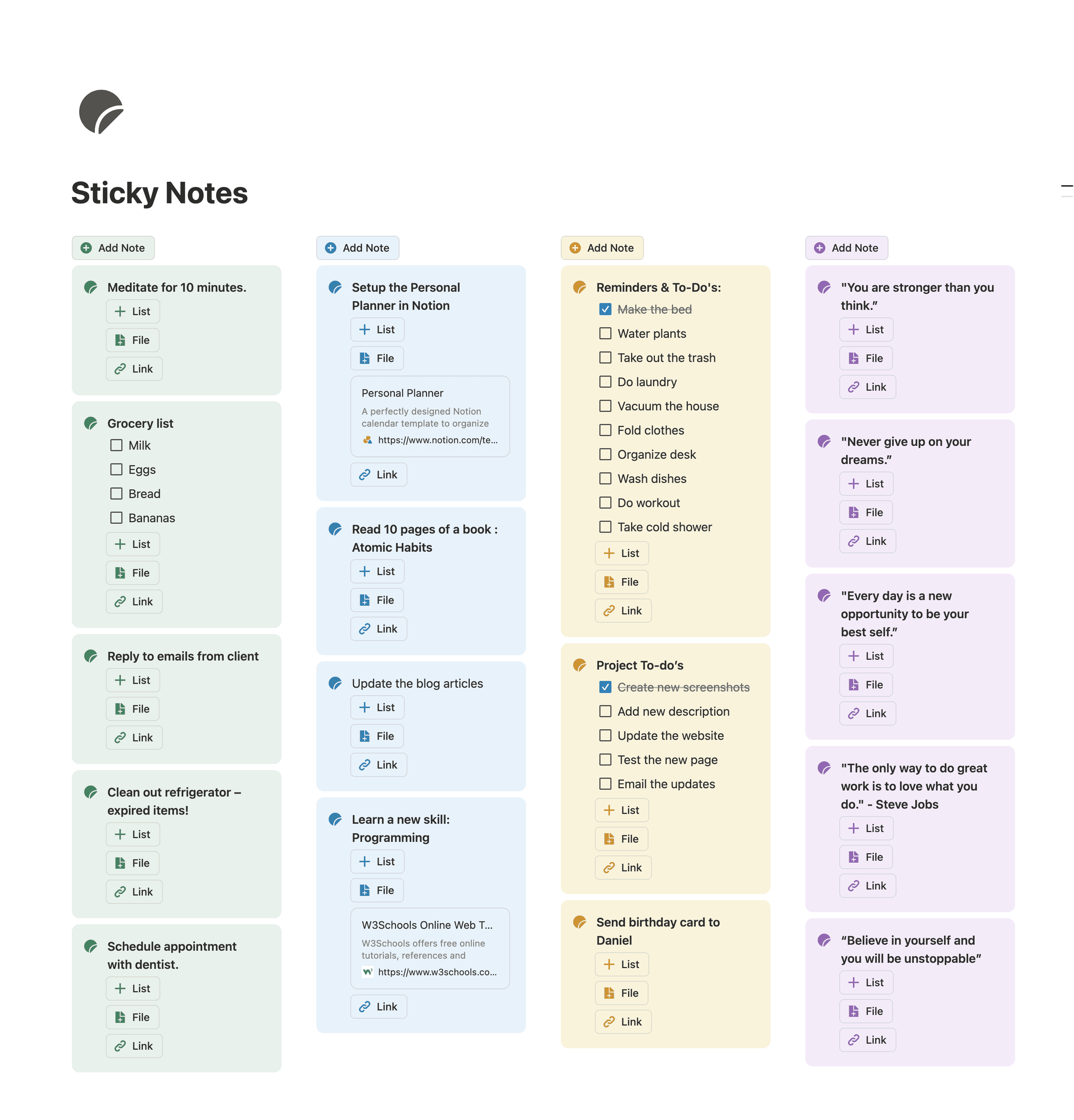 Sticky Notes Notion template for organizing notes, ideas, and reminders