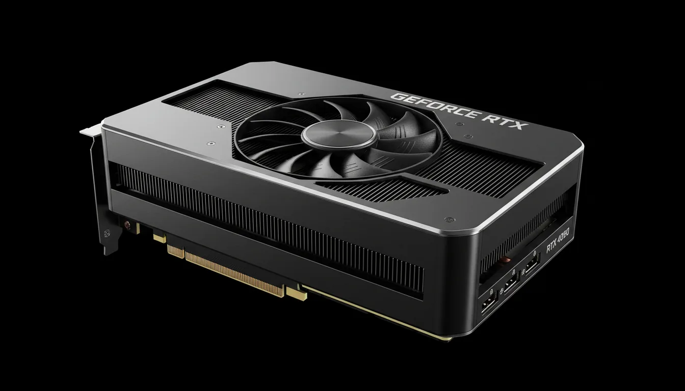 Macro DSLR product photography of an Nvidia GeForce RTX 4090 GPU, low-angle three-quarters view with sharp focus on the matte charcoal metal casing and cooling fan. Soft studio lighting with cinematic contrast creates strong highlights on the brushed silver accents and the vertical fins of the heatsink. The GPU is isolated against a solid black background, emphasizing its sleek, powerful design. The embossed text 'GEFORCE RTX' and 'RTX 4090' are visible on the shroud.