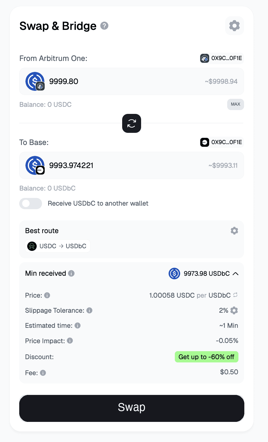 Arbitrum One to Base bridge — live route: 9,999.80 USDC (Arbitrum One) → USDbC (Base) · Symbiosis