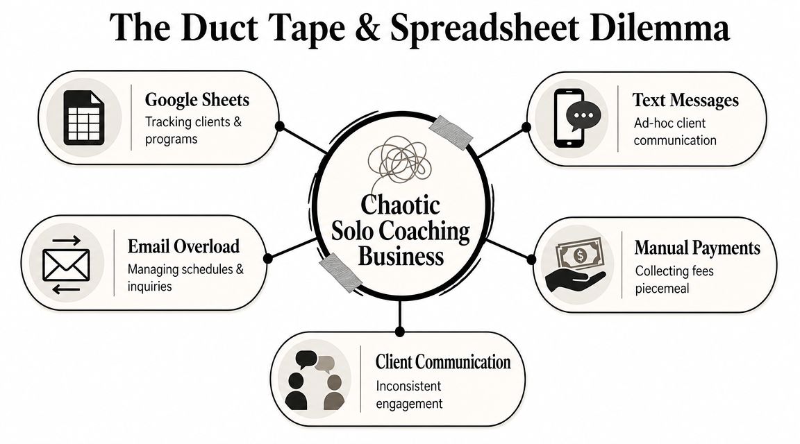 A diagram illustrating the challenges of running a disorganized solo coaching business using disconnected tools.