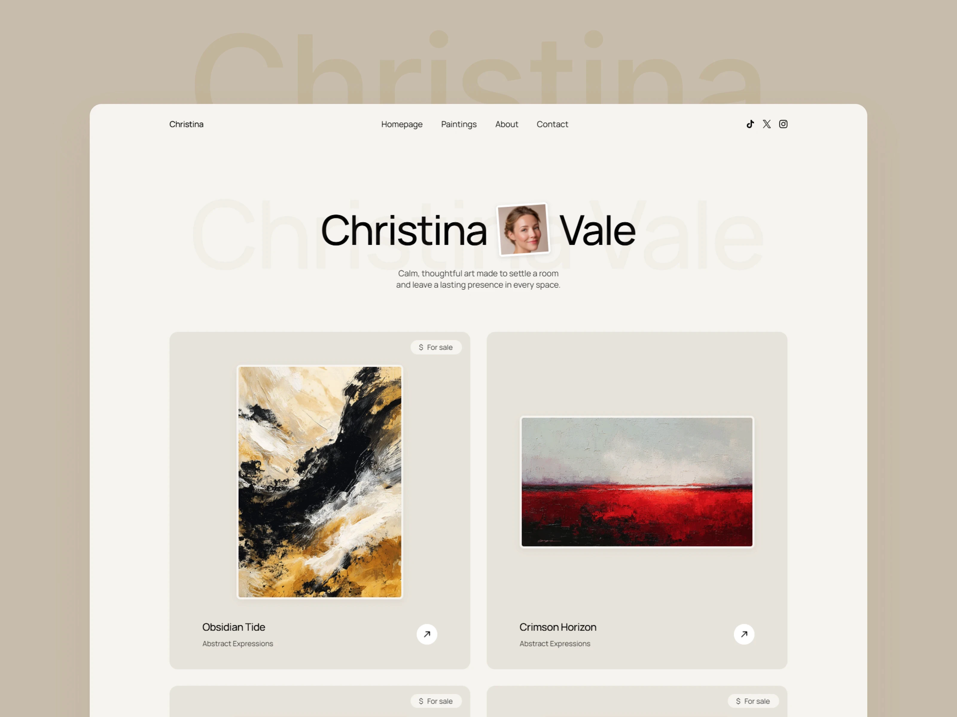 Artist portfolio website with warm beige tone showcasing abstract paintings for sale