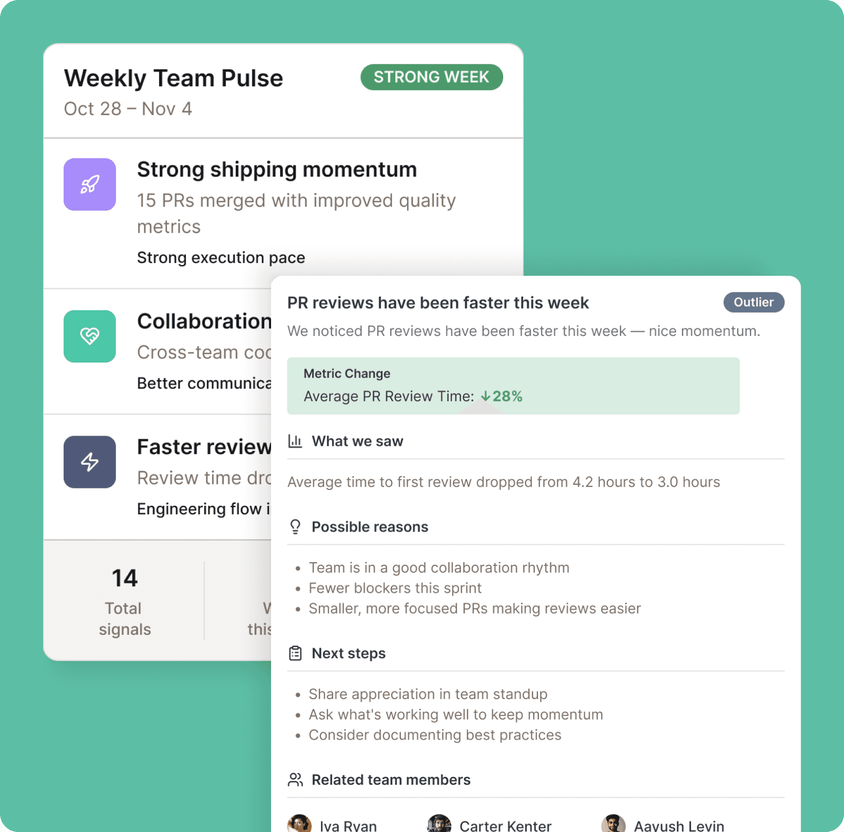 A code editor interface with JavaScript code visible. A string of code is highlighted, and an "Exceeds AI" popup dialog  reads: "Caroline can give you background here. She wrote this code and is also an expert in Python." 