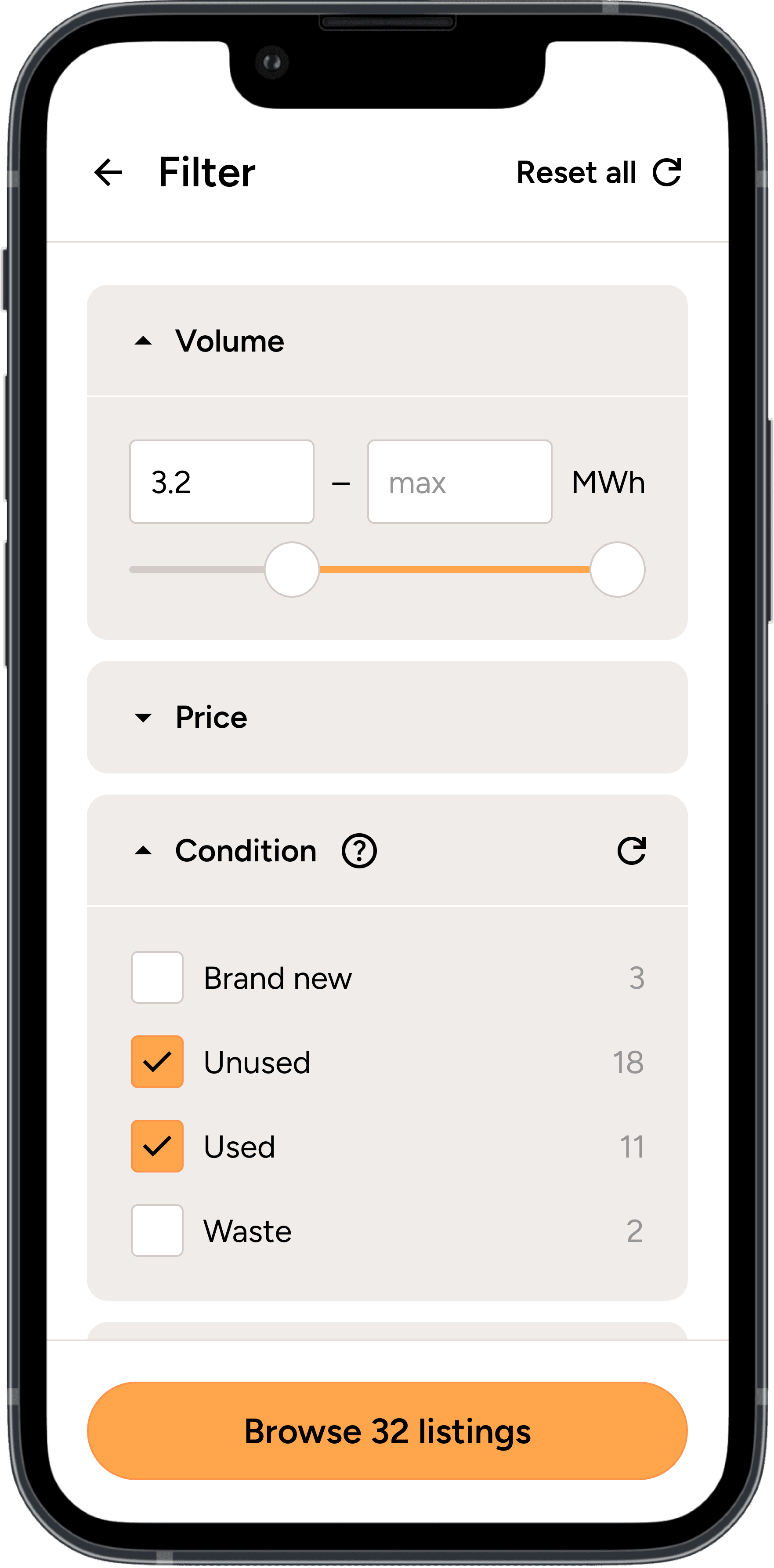 Filter panel with technical and economic parameters for battery search refinement