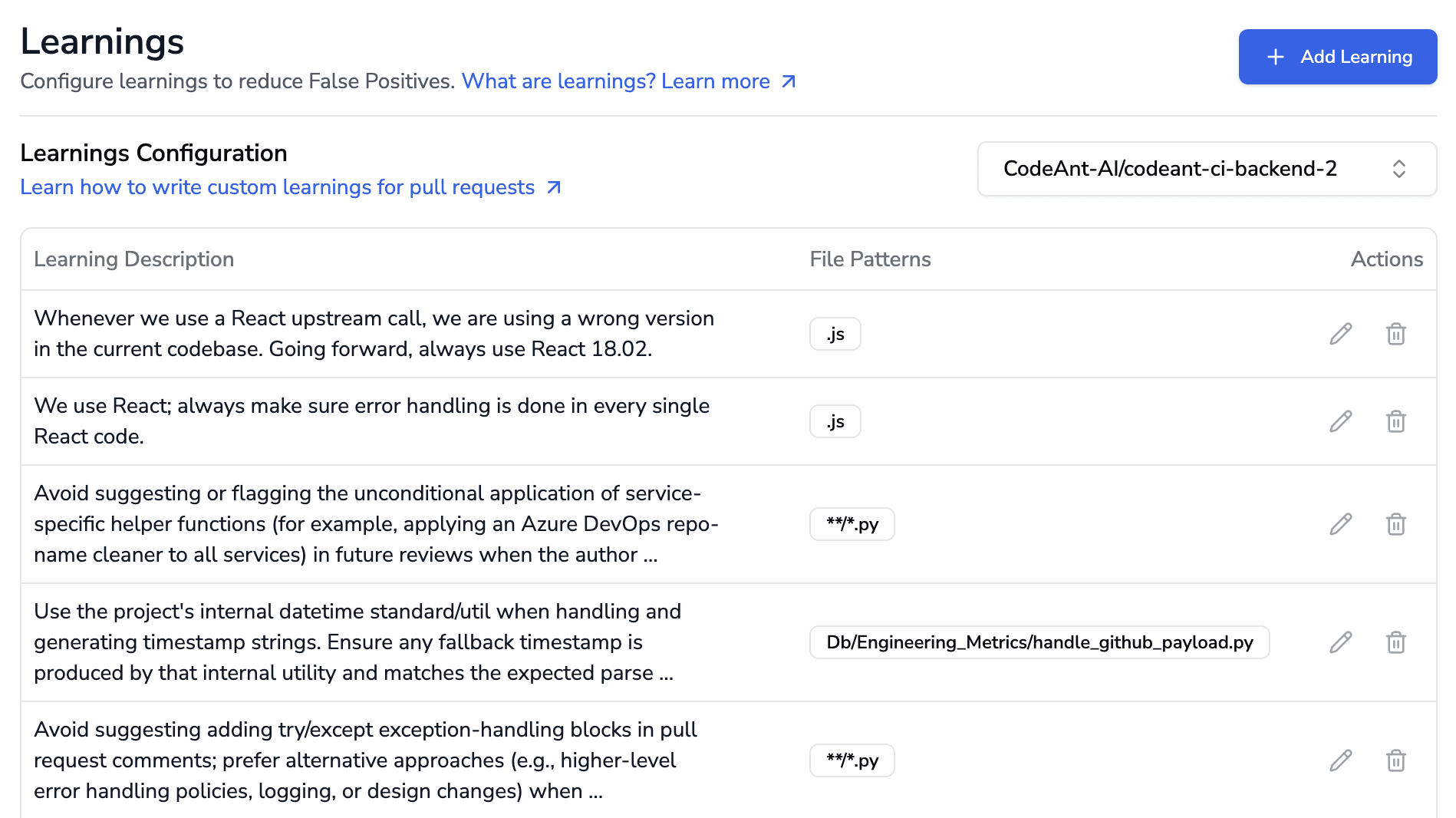 Learnings configuration dashboard listing custom AI learnings with descriptions, file patterns, and edit actions per repository.