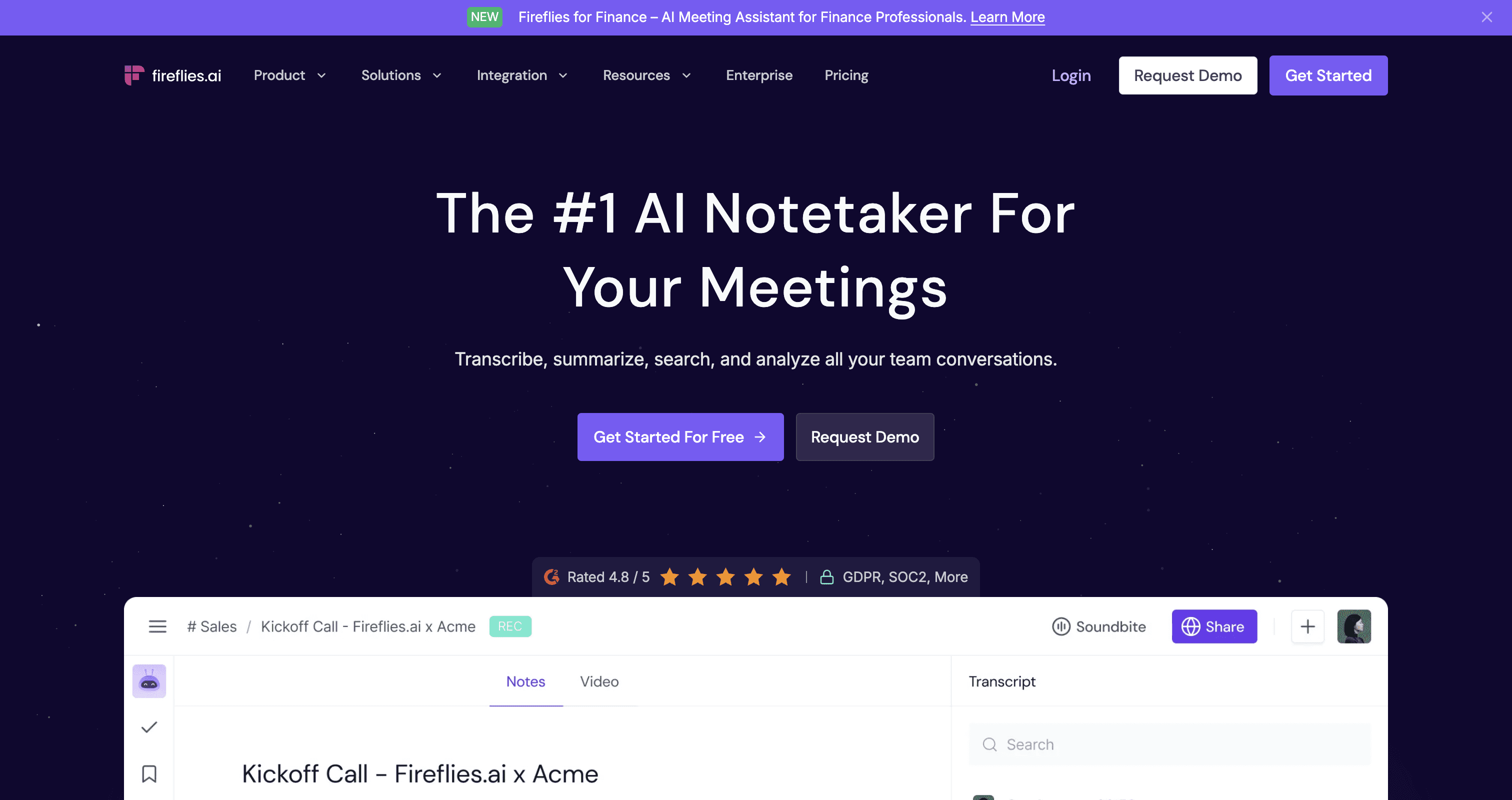 Fireflies.ai homepage showing an AI notetaker for meetings.