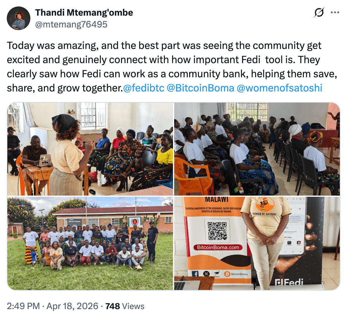 Social media post by Thandi Mtemang'ombe showing Women of Satoshi Cooperative members learning about the Fedi app as a community savings tool in Malawi