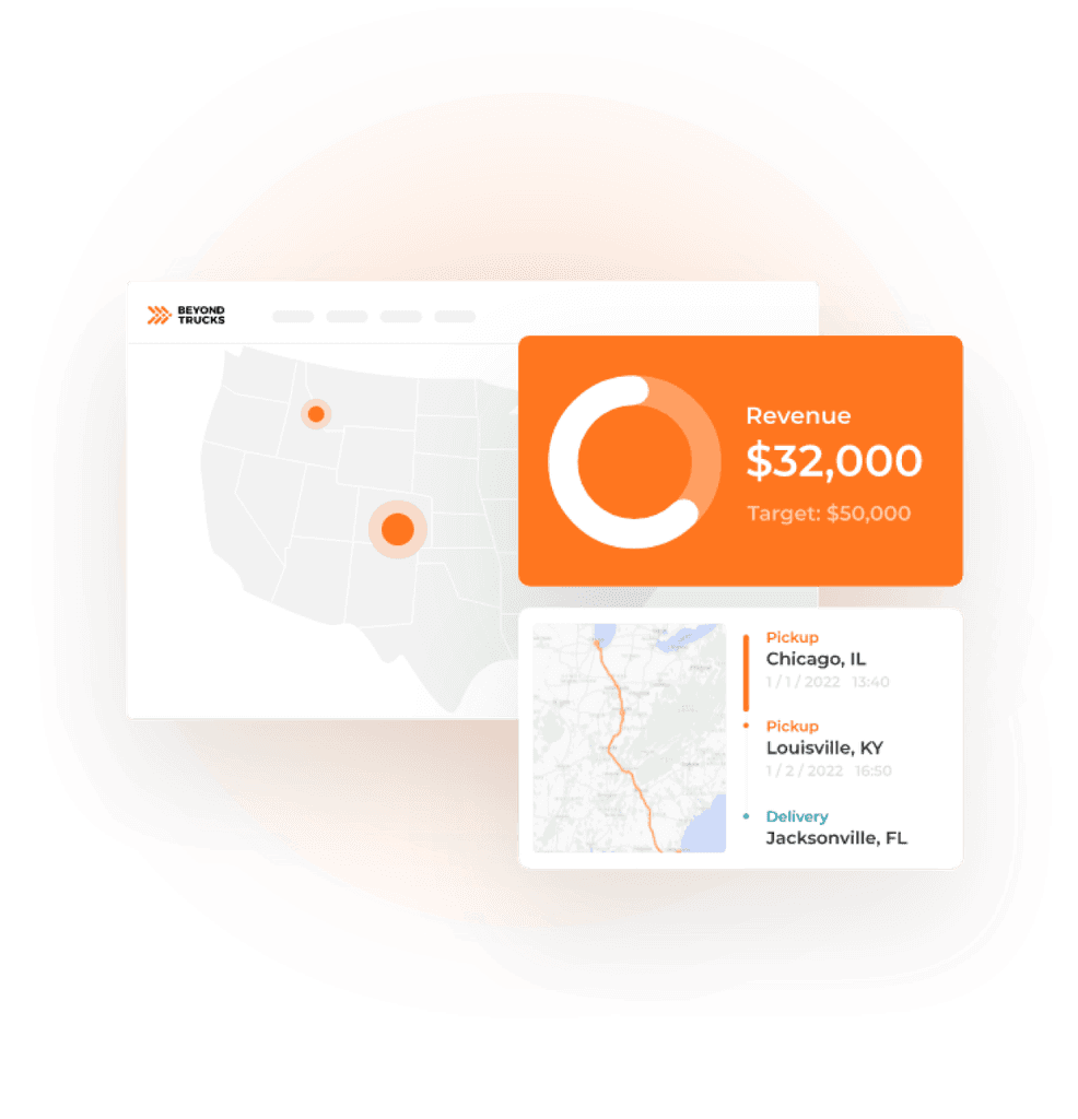 System screen showing the orange BeyondTrucks logo with three right-pointing arrows and the company name split into “BEYOND” and “TRUCKS.” A vertical orange upload bar indicates file loading progress. The interface is labeled “My Loads” and is positioned alongside the subtitle “Smart Load Intake and Dispatch,” highlighting load management capabilities within the TMS.