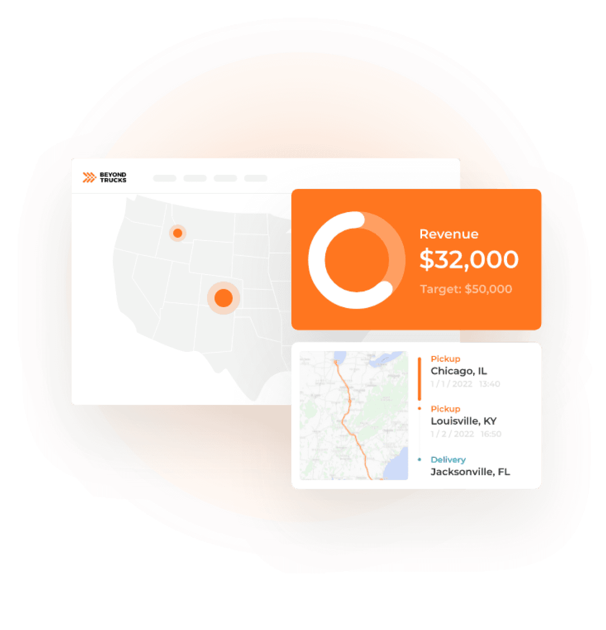 System screen showing the orange BeyondTrucks logo with three right-pointing arrows and the company name split into “BEYOND” and “TRUCKS.” A vertical orange upload bar indicates file loading progress. The interface is labeled “My Loads” and is positioned alongside the subtitle “Smart Load Intake and Dispatch,” highlighting load management capabilities within the TMS.