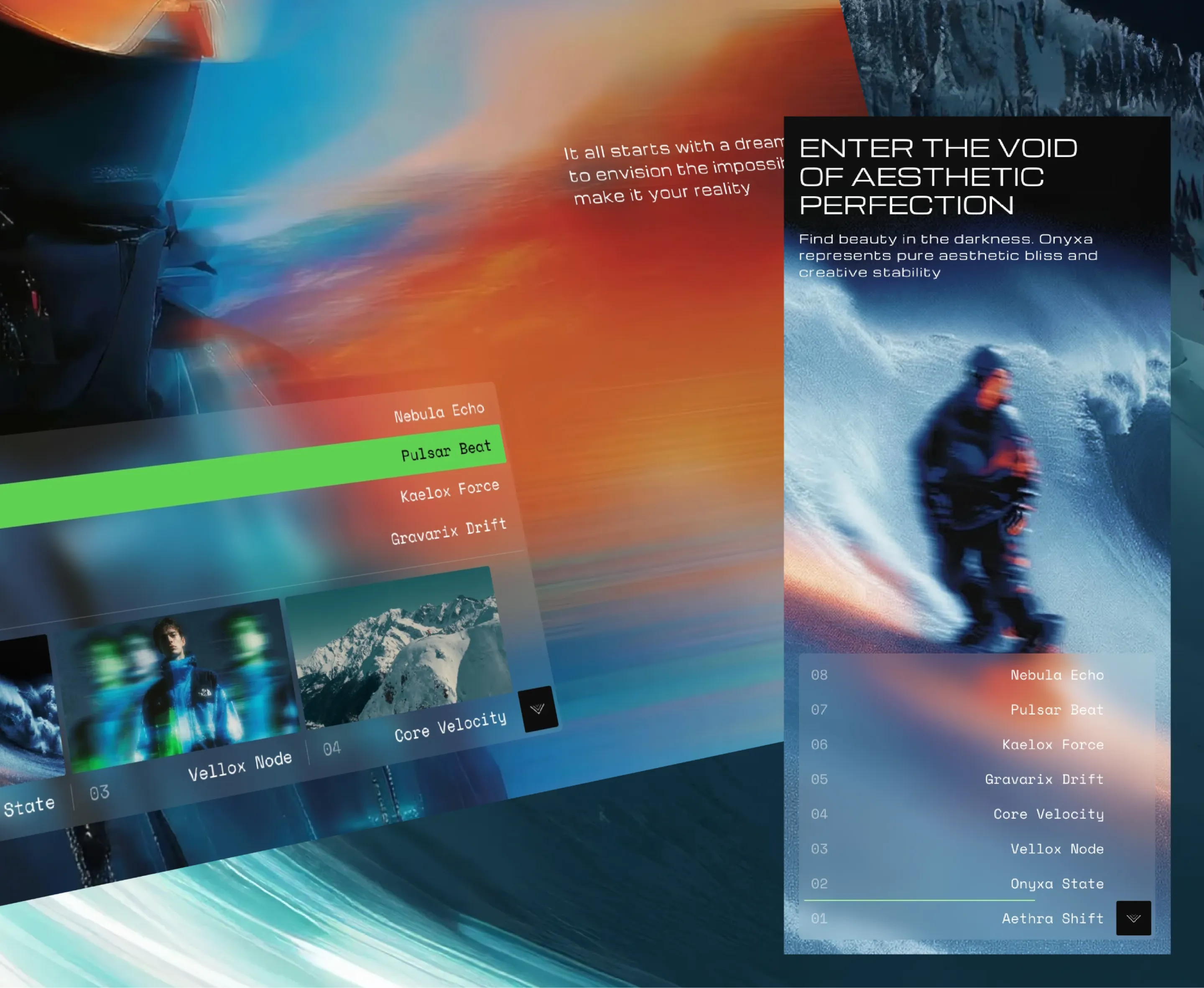 Responsive showcase of the Pulse Slider component, displaying both desktop and mobile gallery layouts with futuristic snowboarding visuals.