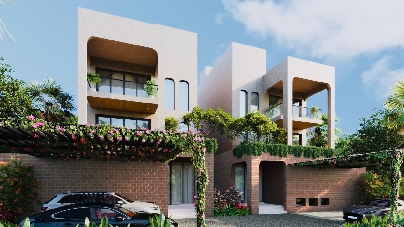 Minimalist concrete building with glowing windows at dusk in fog.