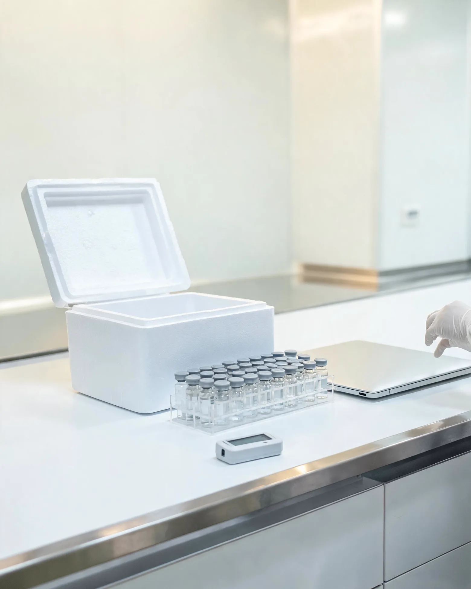 A quality release bench with an open insulated shipper, a rack of vials and a temperature logger