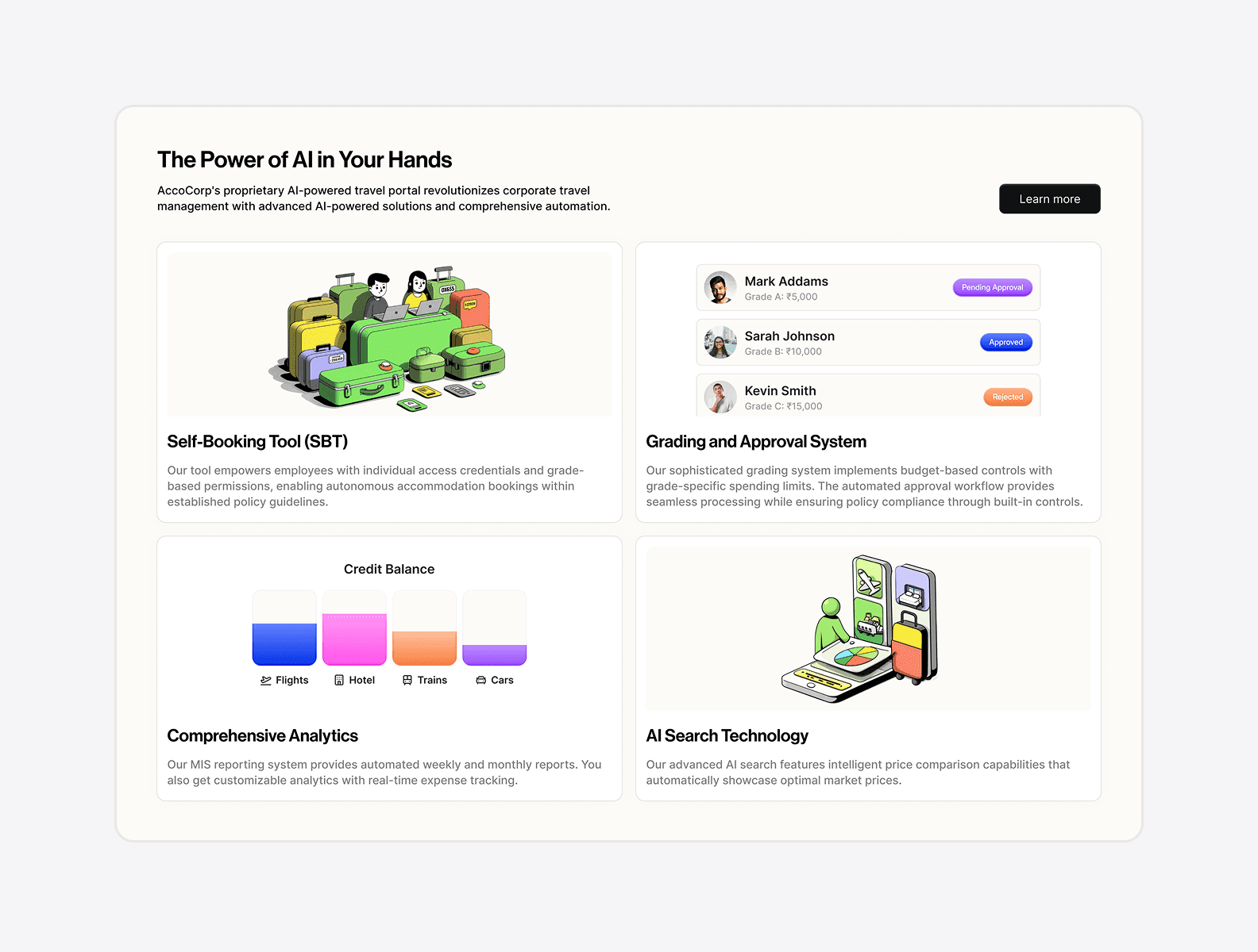 A business traveler with a suitcase gazes out a large airport window as a plane takes off, symbolizing seamless corporate travel and easy bookings, with an adjacent web interface highlighting travel services and contact options.