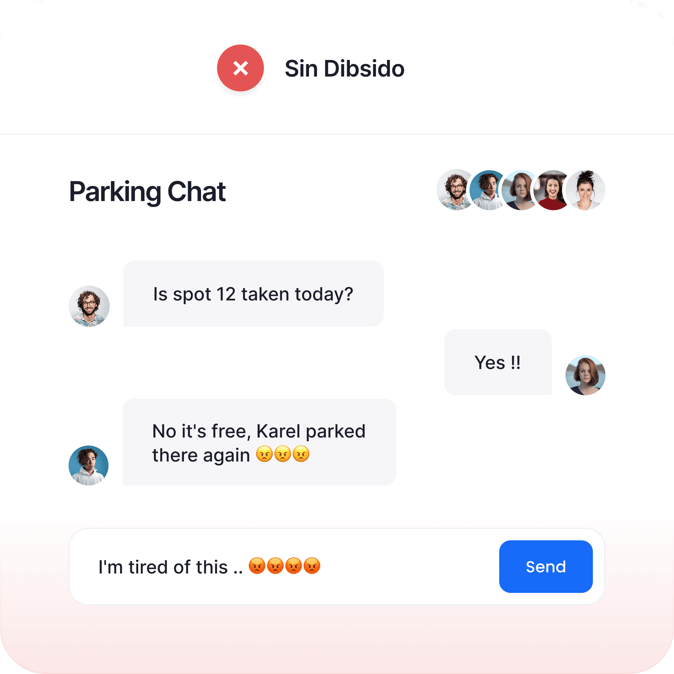 Office parking without Dibsido: a group chat arguing over whether spot 12 is taken.