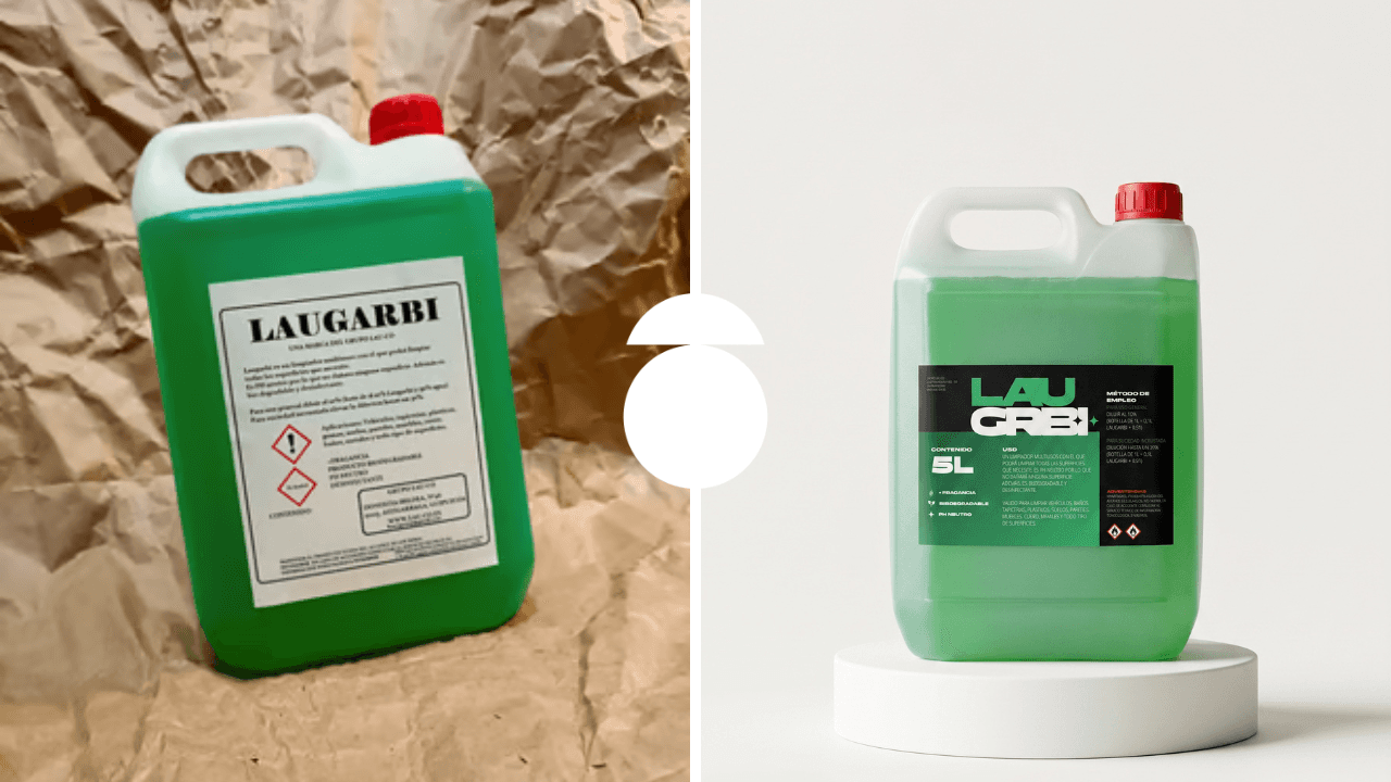 Rediseño de etiquetas comerciales antes y después para un producto limpiador multiusos profesional).