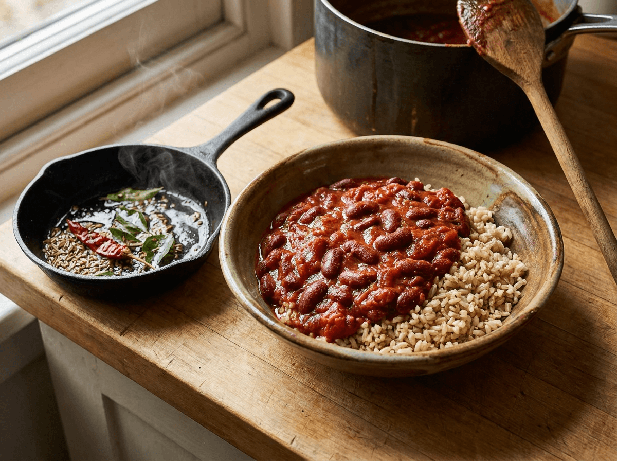Steaming rajma masala over brown rice with a sizzling tadka pan