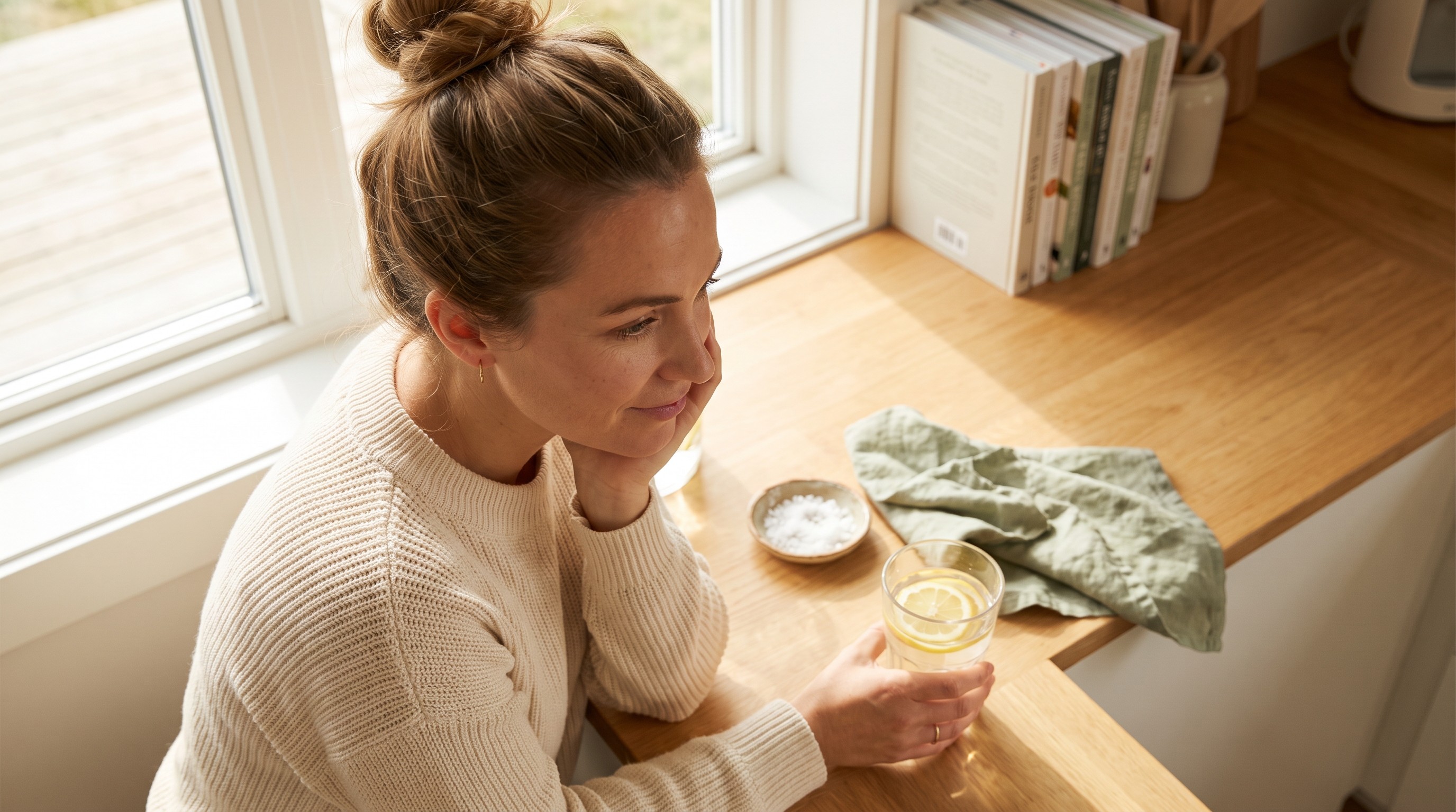 Woman at sunlit kitchen counter holding glass of water with lemon slice, hand near jaw