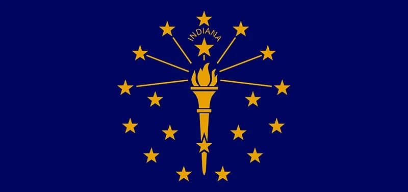 Indiana's state flag features a gold torch with rays and stars on a blue background. Thirteen stars encircle the torch with "Indiana" above it.