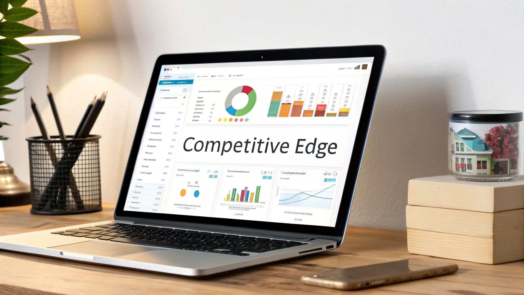 A laptop displays a "Competitive Edge" business dashboard with various charts and graphs on a wooden desk.