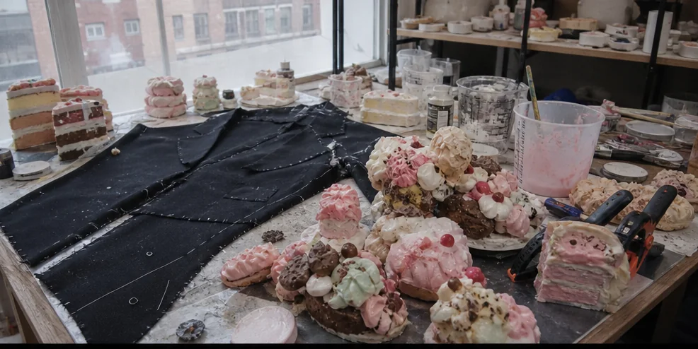 An unfinished black jacket panel surrounded by artificial pastry forms, clamps, and mixing cups.