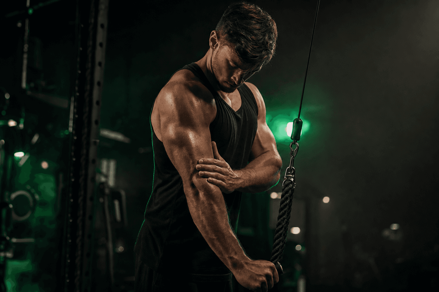 A lifter performing a controlled cable triceps pushdown, fingertips resting on the working muscle to feel the contraction