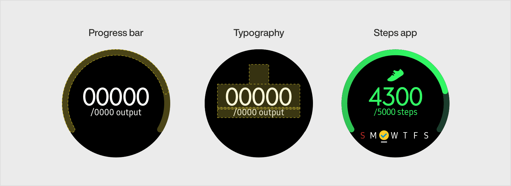 Progress bar, typography hierarchy, and steps widget examples for a circular watch display.