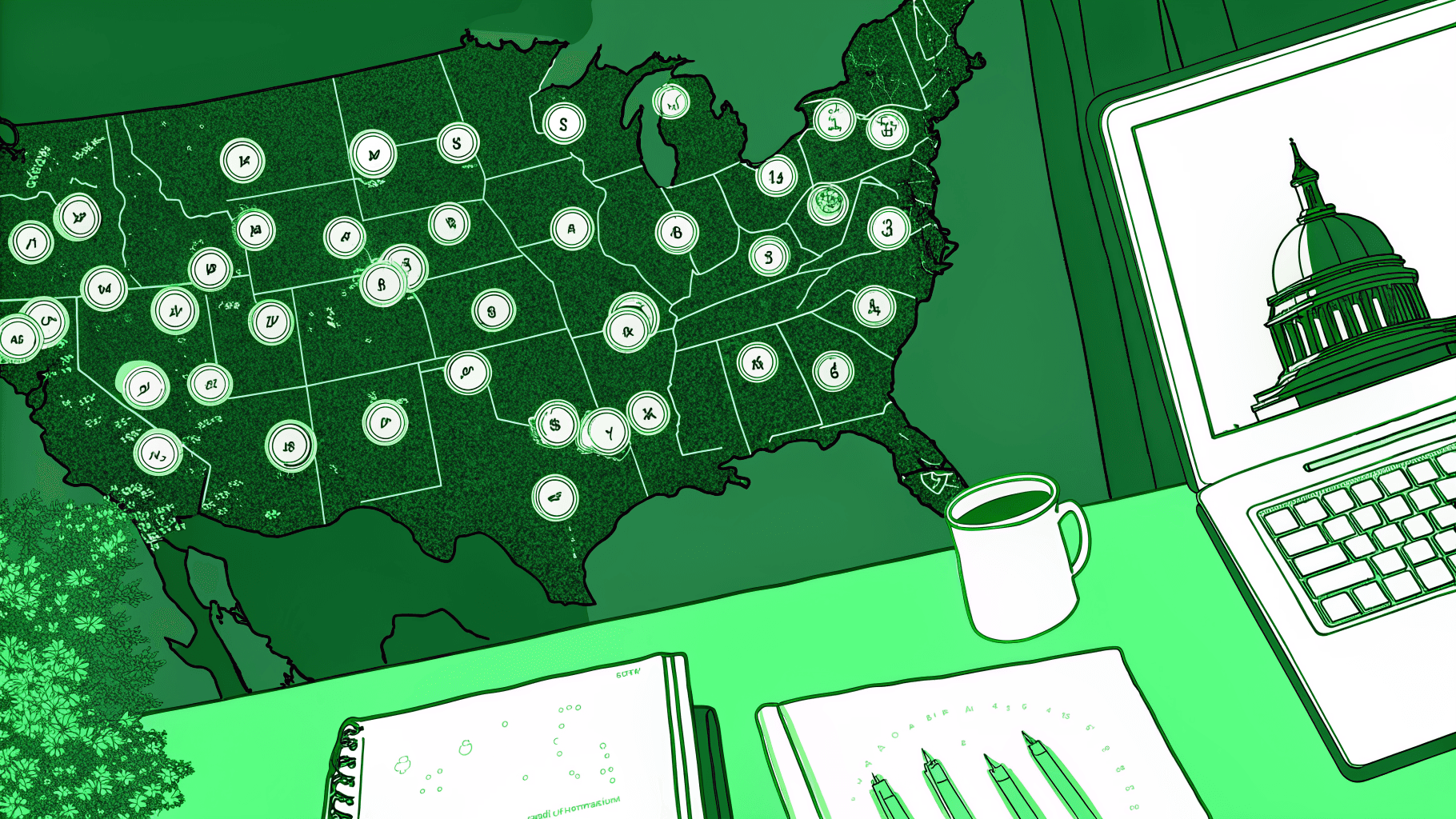 US map covered in coin stacks beside a laptop running an all-50-states unclaimed property search