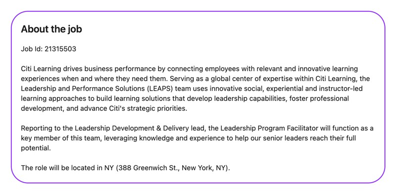 Citi Learning leadership program facilitator job description screenshot highlighting performance and development