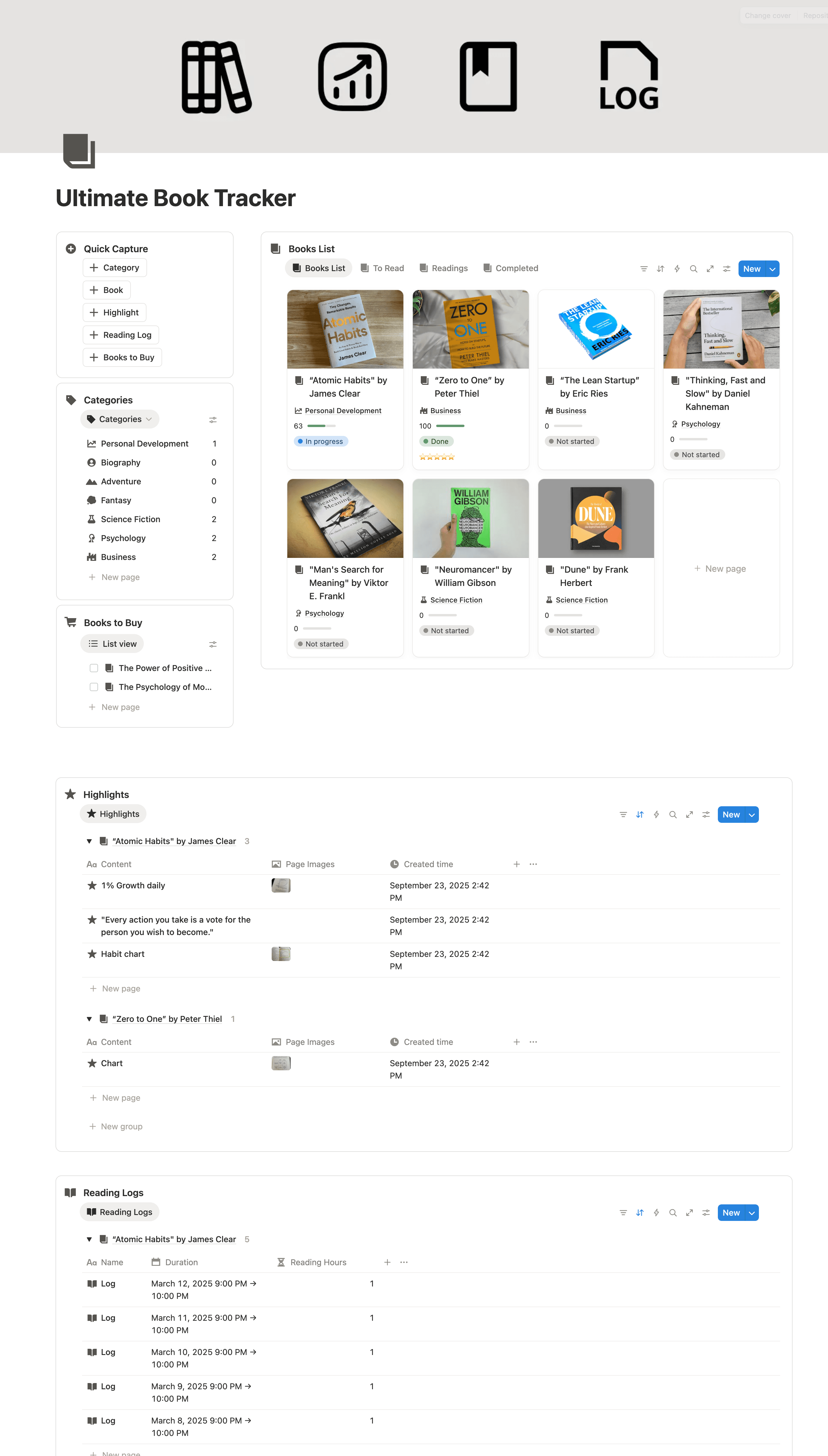 Book Tracker Notion template for managing reading lists, book notes, ratings, and progress