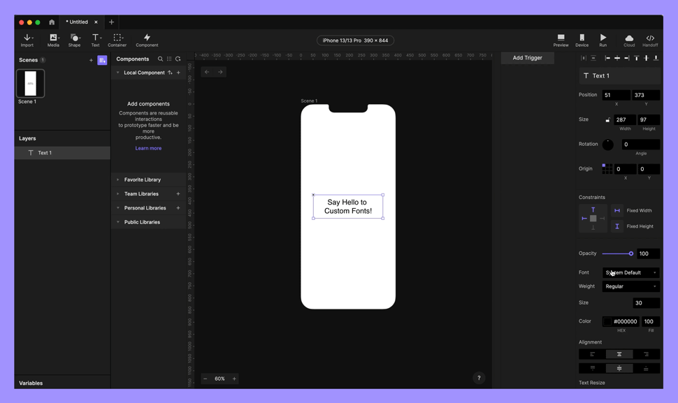 editor applying a custom font to a text layer in ProtoPie Studio