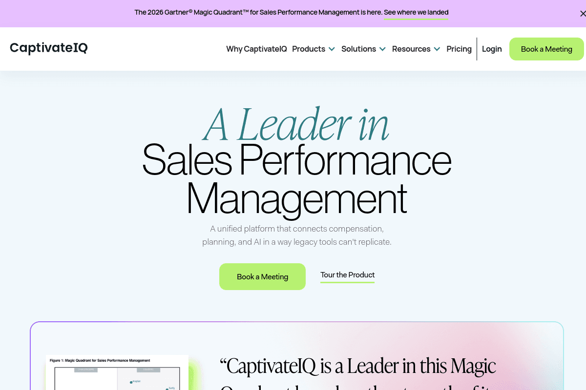 CaptivateIQ homepage, modern incentive compensation management platform