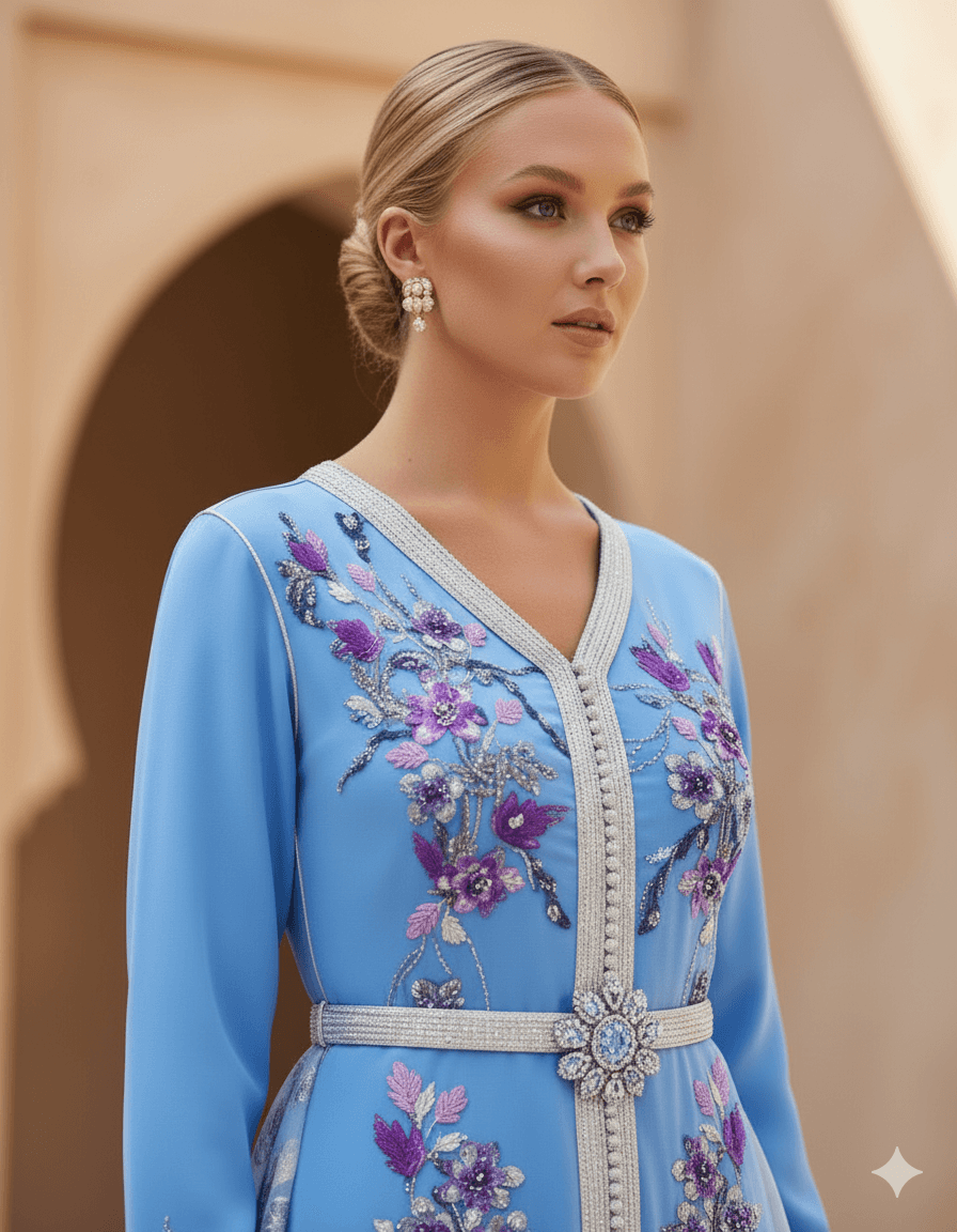 Light blue Moroccan caftan with floral embroidery, luxury handmade caftan designed in Bahrain
