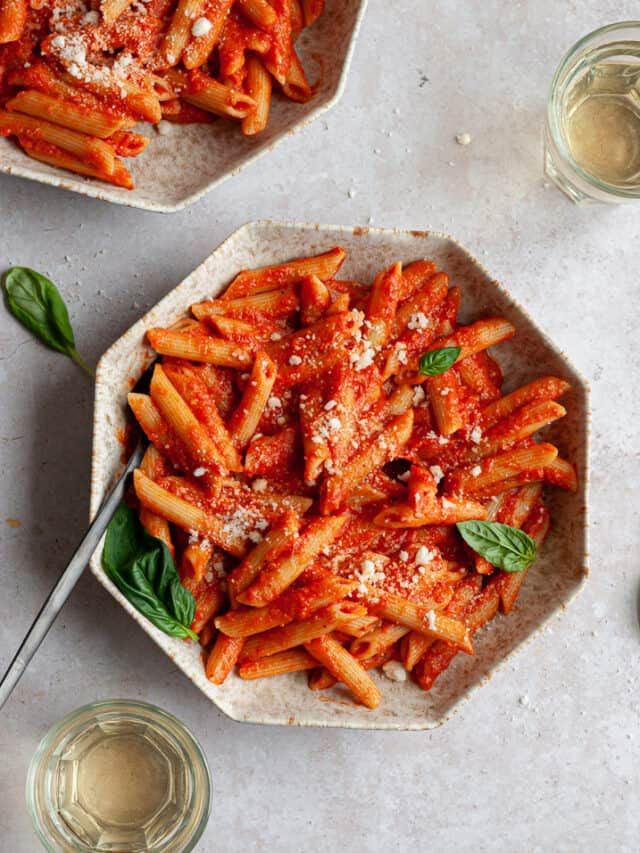 Penne Pomodoro from Pasta 9 Toronto made with fresh tomatoes, basil, olive oil, and Parmesan for classic Italian simplicity.
