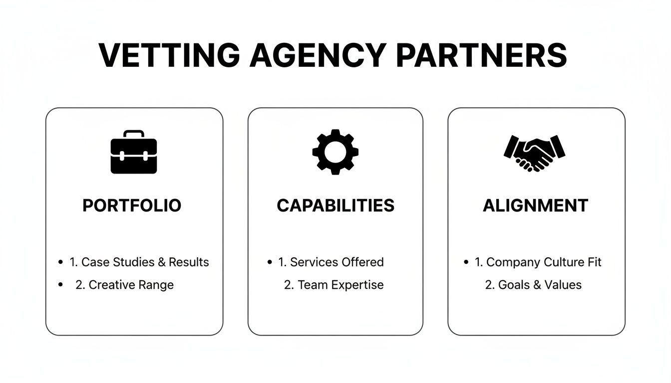 Infographic detailing three key criteria for vetting agency partners: portfolio, capabilities, and alignment.