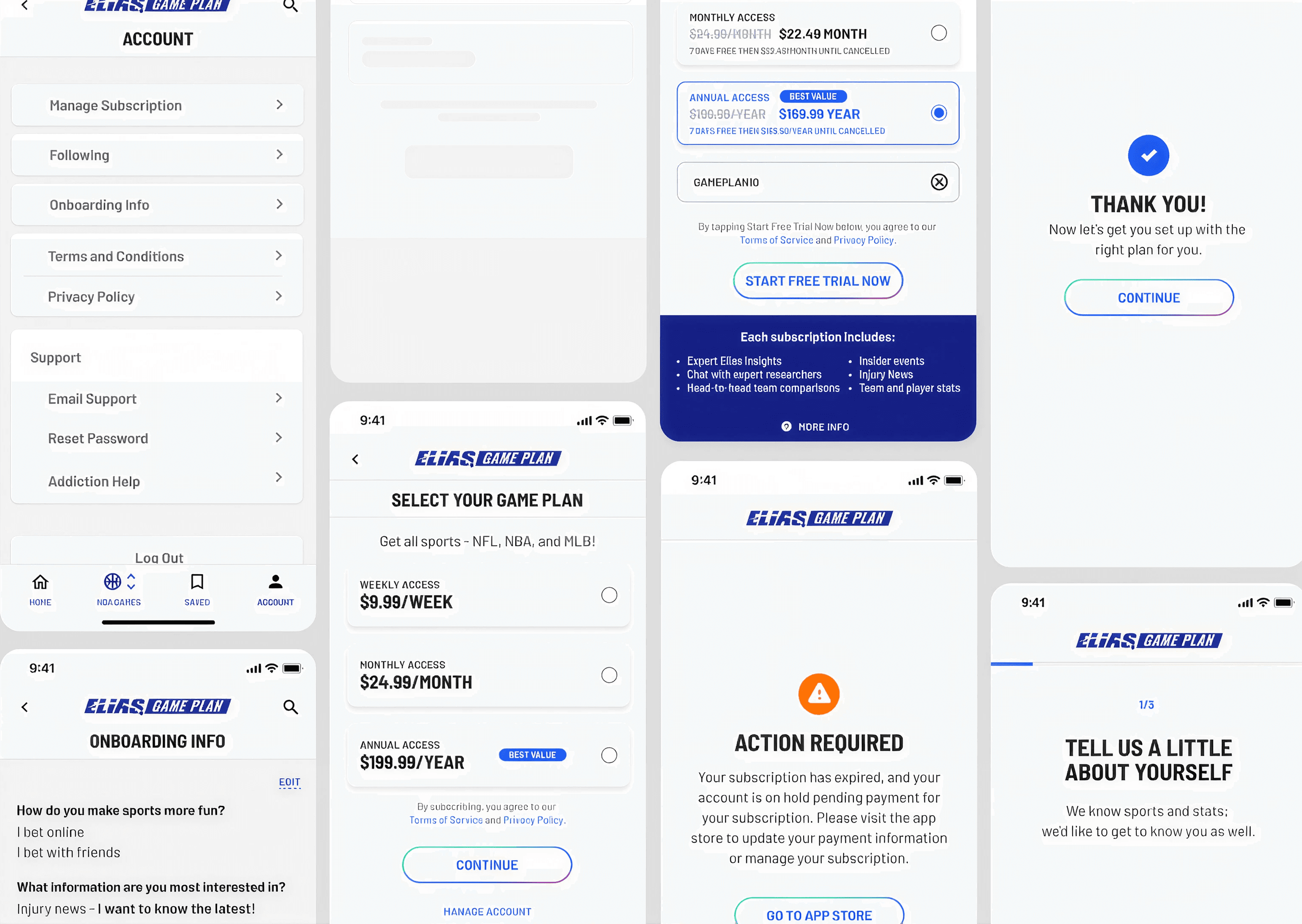Elias Game Plan subscription screen showing weekly, monthly and annual access options