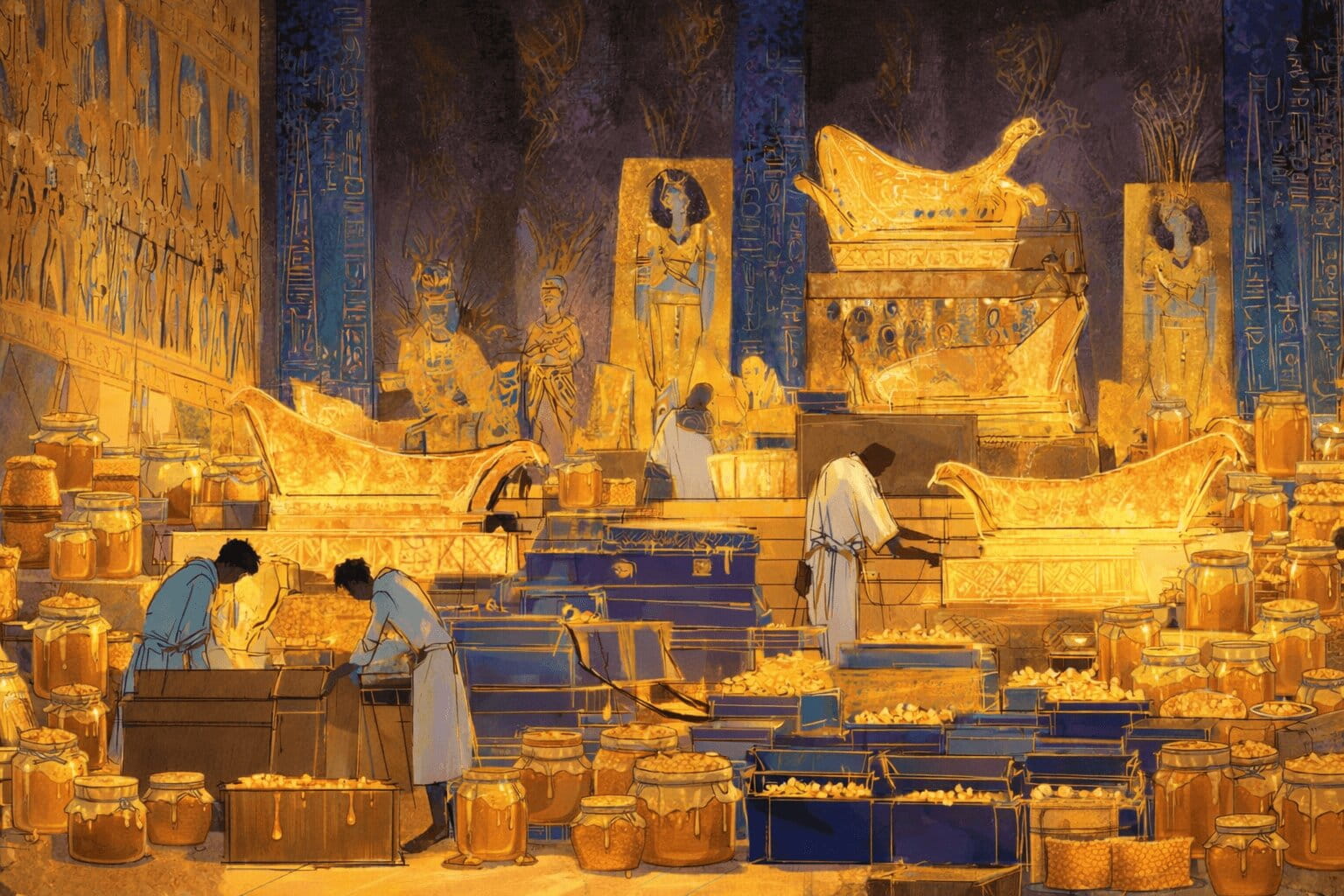 A picture of egyptian people handling honey in a yellow pyramid room
