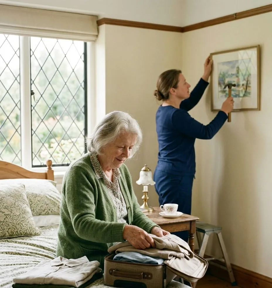Unpacking on the first day of a respite stay while a carer hangs a picture