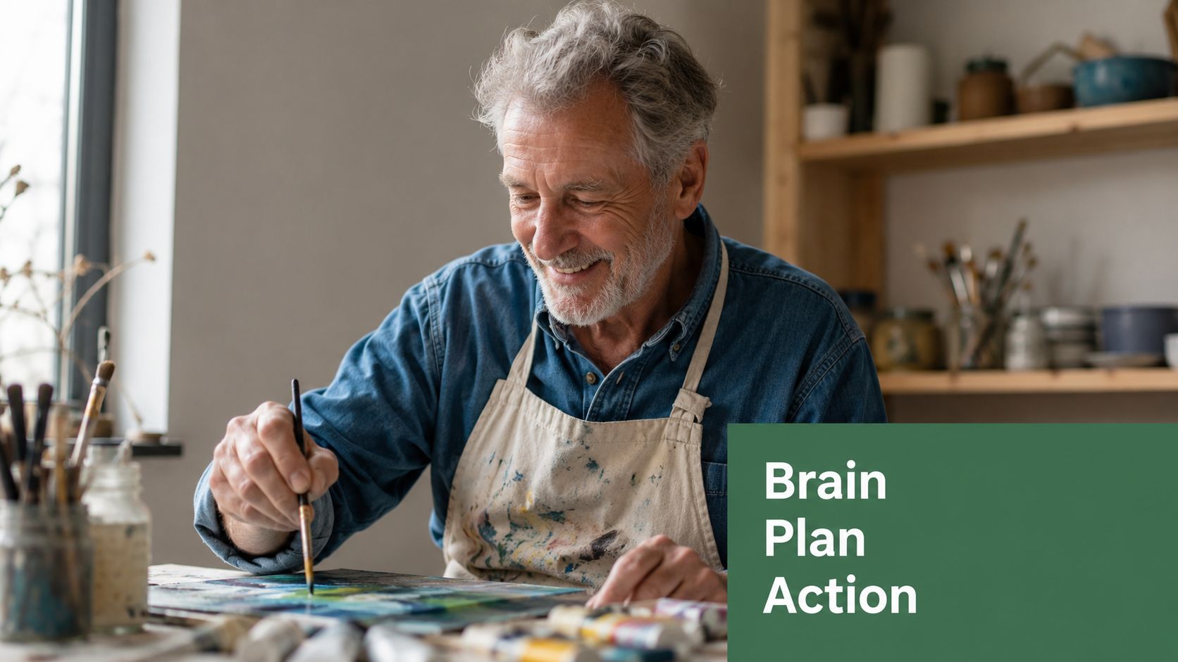 A smiling elderly artist wearing an apron painting on a canvas in a bright, creative studio space.
