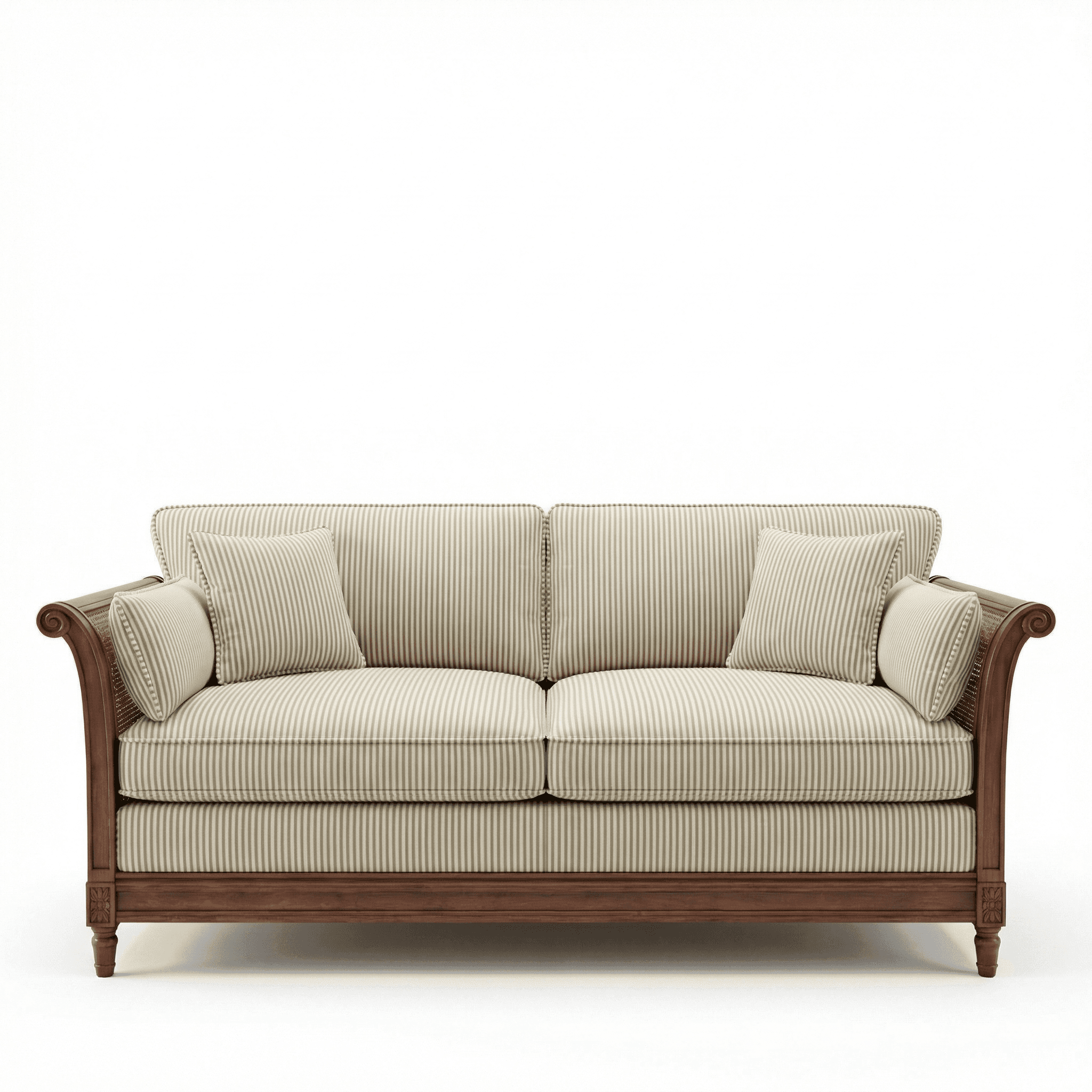 Deep upholstered sofa with cane side panels, broad seating, and wooden base