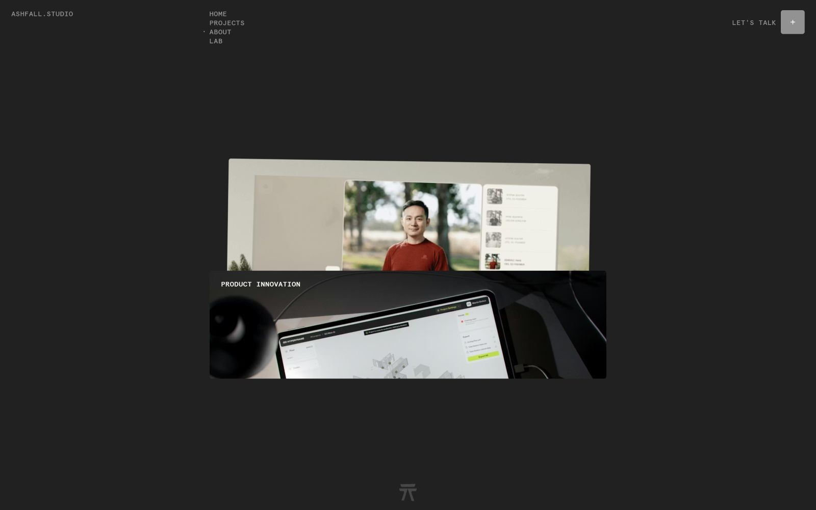 Dark website with two images: top shows a person on a screen, bottom displays a tech device with "PRODUCT INNOVATION" text. Navigation links on left.