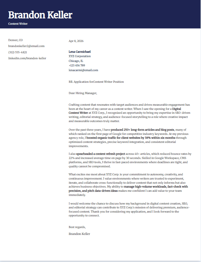 Cover letter example for content writer